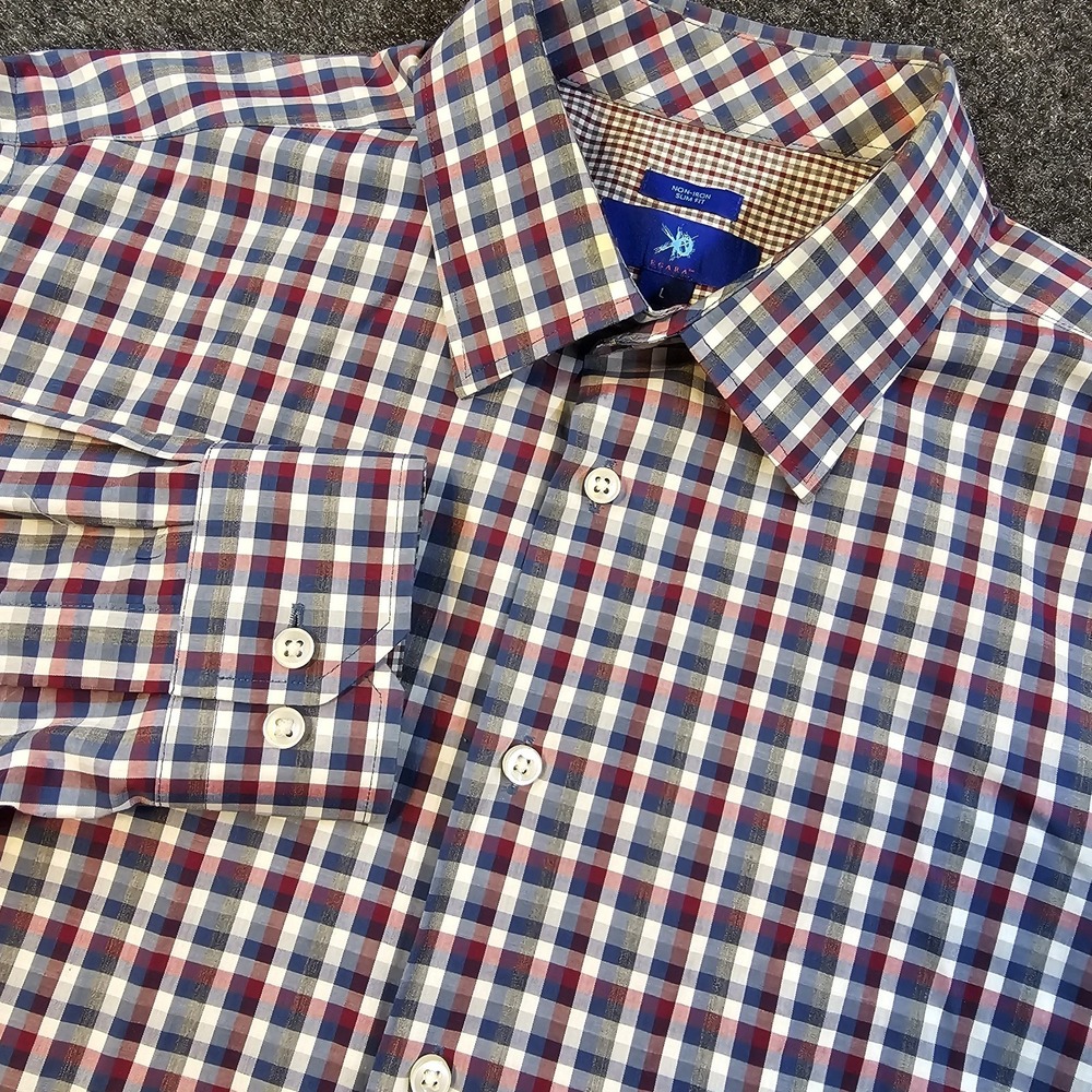 Egara Non Iron Dress Shirt Mens Large Slim Fit Plaid Stretch Button Front Stretc